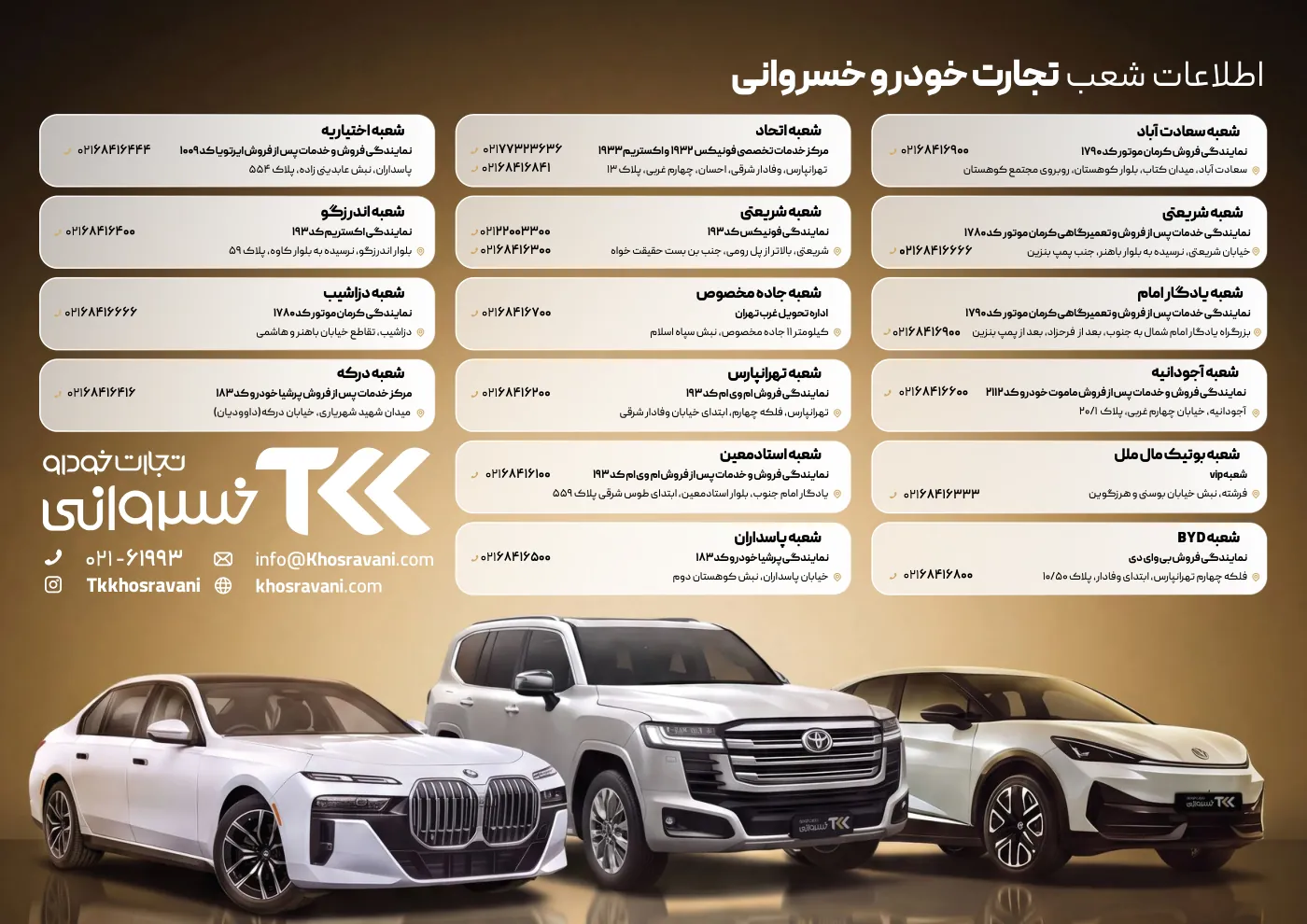 صفحه‌ی اول بروشور تجارت خودرو خسروانی — نشانی و شماره‌ی تماس شعب
