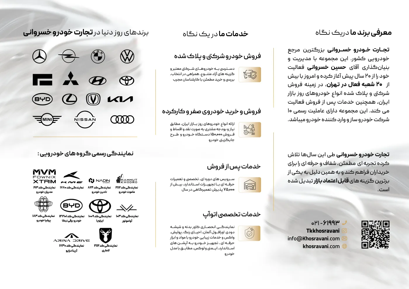 صفحه‌ی دوم بروشور تجارت خودرو خسروانی — معرفی برند، خدمات و نمایندگی‌های رسمی